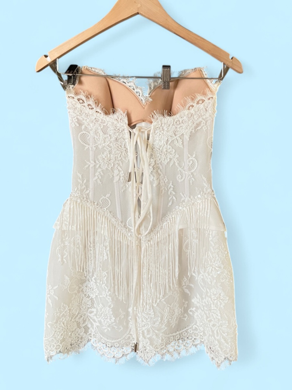 Sienna - Strapless White Lace & Fringe Corset Mini Dress - Picture 4 of 5